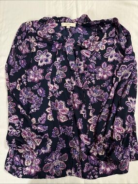 LOFT Navy Blouse with Purple Floral Tie Neck